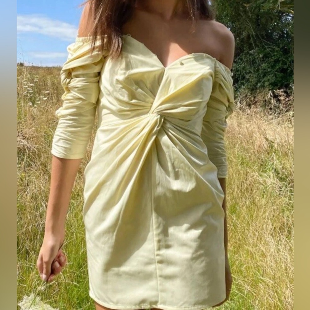 ASOS Pale Yellow Off-Shoulder Twist Mini Dress